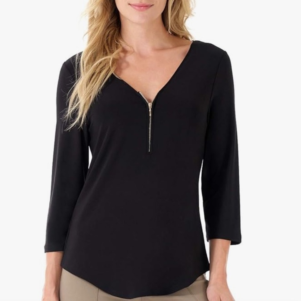 Rekucci Black Zip Front V-Neck Tunic Blouse 3/4 Sleeve Career Top L